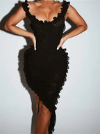 Off Shoulder Deep V Neck Ruffle Trim Asymmetrical Hem Mini Dress