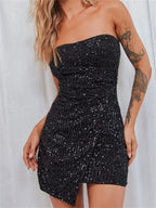 Strapless Sequin Wrap Tulip Hem Bodycon Mini Dress