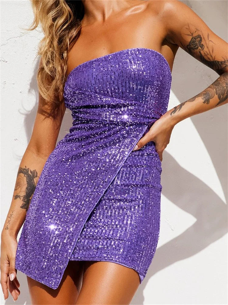 Strapless Sequin Wrap Tulip Hem Bodycon Mini Dress