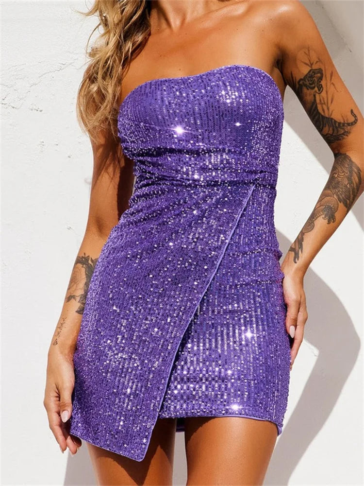 Strapless Sequin Wrap Tulip Hem Bodycon Mini Dress
