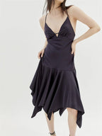 Satin Spaghetti Strap Deep V-Neck Handkerchief Hem Ruffle Skirt Midi Dress