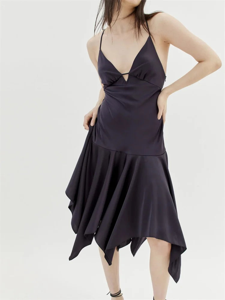 Satin Spaghetti Strap Deep V-Neck Handkerchief Hem Ruffle Skirt Midi Dress