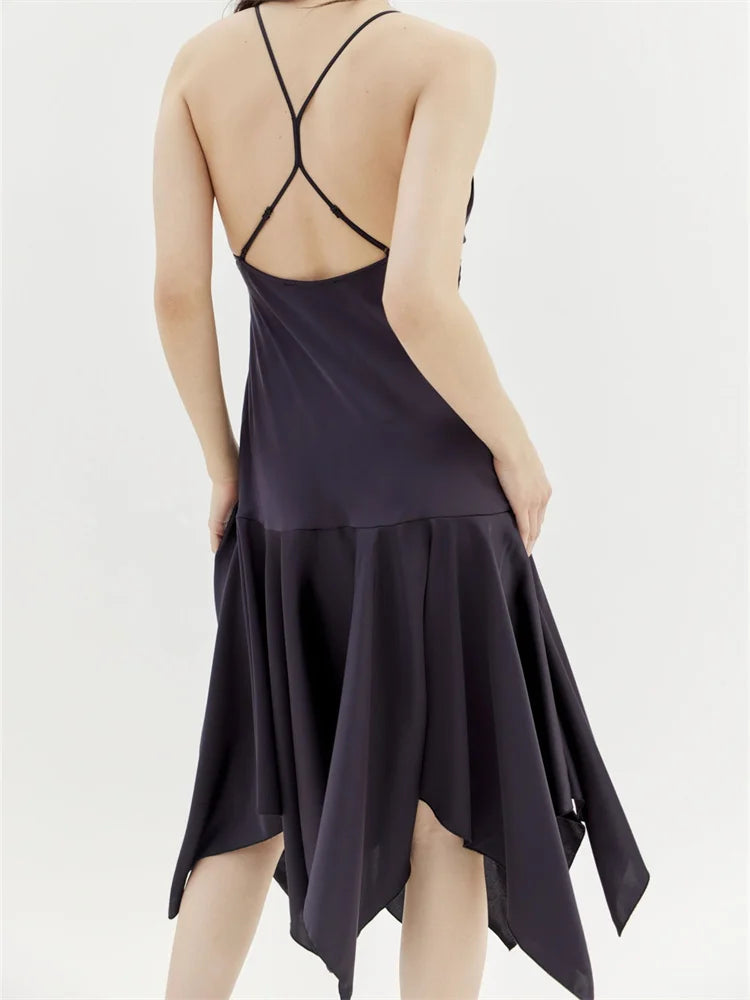 Satin Spaghetti Strap Deep V-Neck Handkerchief Hem Ruffle Skirt Midi Dress