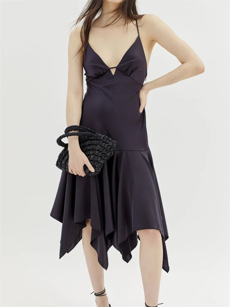 Satin Spaghetti Strap Deep V-Neck Handkerchief Hem Ruffle Skirt Midi Dress
