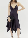 Satin Spaghetti Strap Deep V-Neck Handkerchief Hem Ruffle Skirt Midi Dress