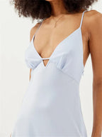 Satin Spaghetti Strap Deep V-Neck Handkerchief Hem Ruffle Skirt Midi Dress