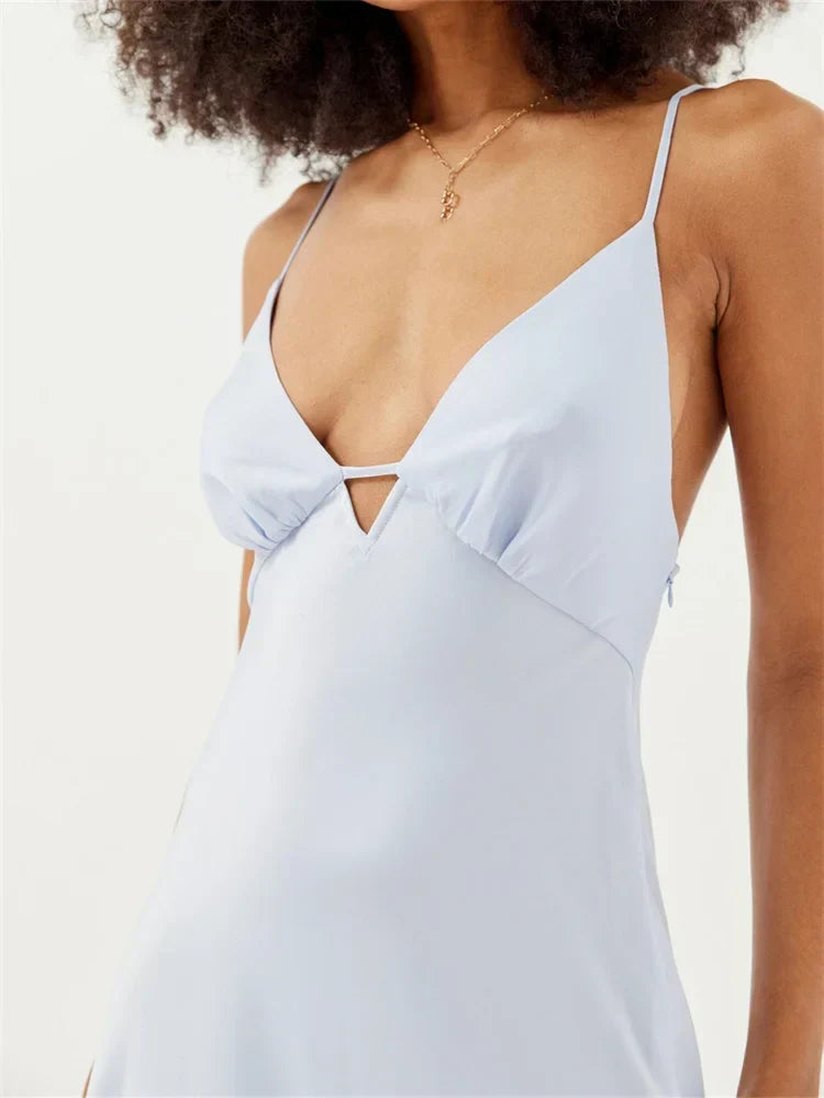 Satin Spaghetti Strap Deep V-Neck Handkerchief Hem Ruffle Skirt Midi Dress