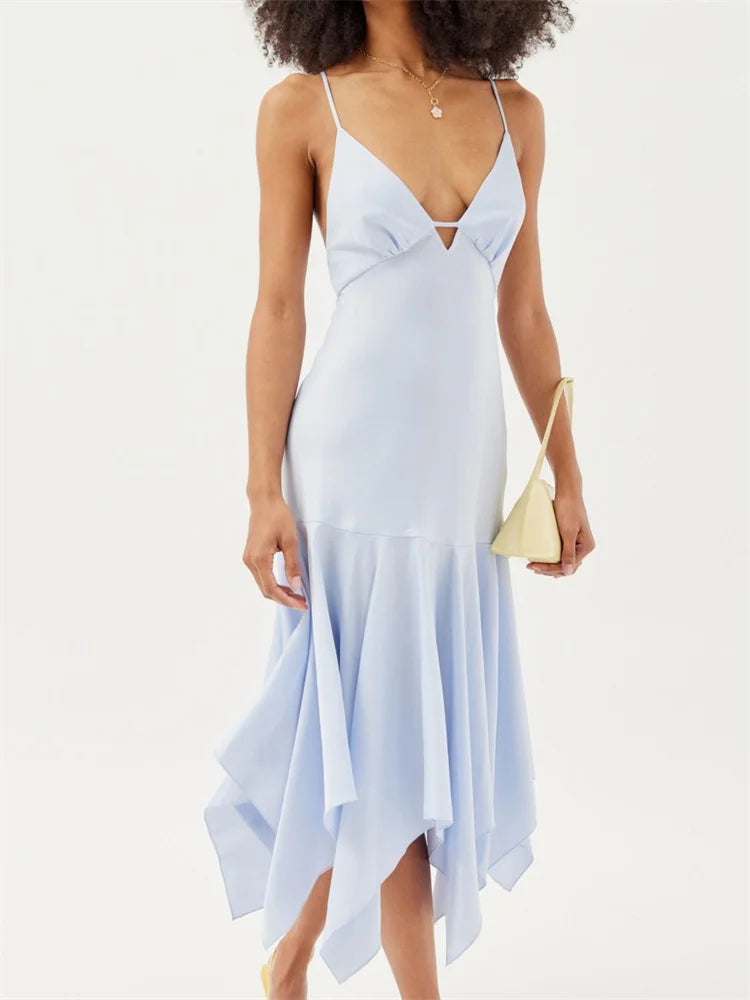 Satin Spaghetti Strap Deep V-Neck Handkerchief Hem Ruffle Skirt Midi Dress