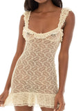 Sheer Lace Scoop Neck Ruffle Trim Bow Detail Bodycon Mini Dress