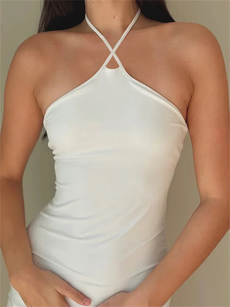 Criss Cross Halter Neck Lettuce Edge Asymmetric Ruffle Hem Bodycon Mini Dress