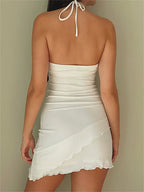 Criss Cross Halter Neck Lettuce Edge Asymmetric Ruffle Hem Bodycon Mini Dress