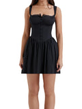 Square Neck Lace Trim Corset Button Front Fit and Flare Mini Dress