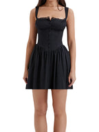 Square Neck Lace Trim Corset Button Front Fit and Flare Mini Dress