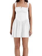 Square Neck Lace Trim Corset Button Front Fit and Flare Mini Dress