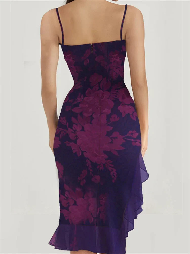 Large Floral Print Sweetheart Spaghetti Strap Corset Diagonal Hem Sheer Ruffle Midi Dress