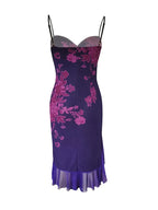 Large Floral Print Sweetheart Spaghetti Strap Corset Diagonal Hem Sheer Ruffle Midi Dress