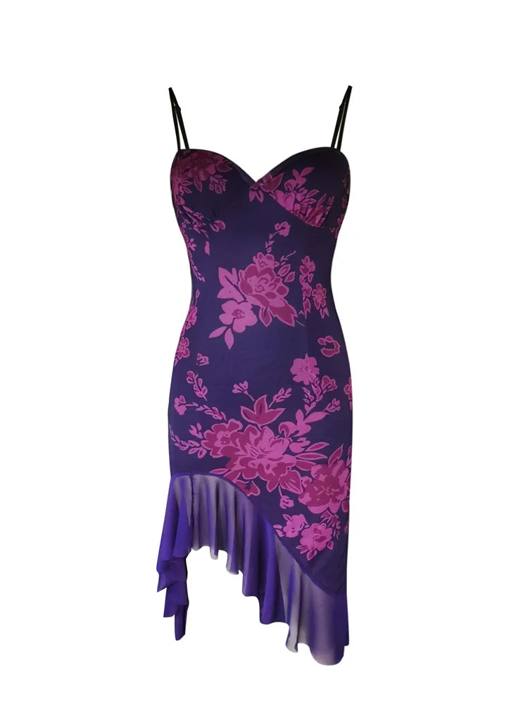 Large Floral Print Sweetheart Spaghetti Strap Corset Diagonal Hem Sheer Ruffle Midi Dress