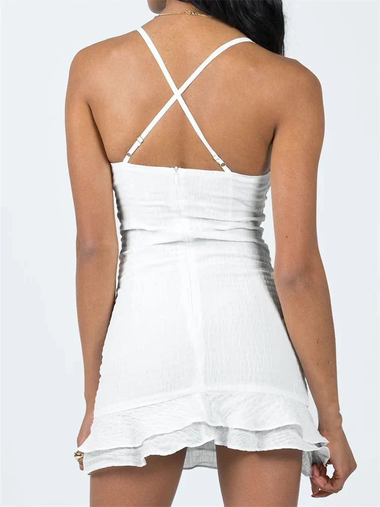 Ruched Spaghetti Strap Bustier V Neck Tiered Ruffle Hem Mini Dress