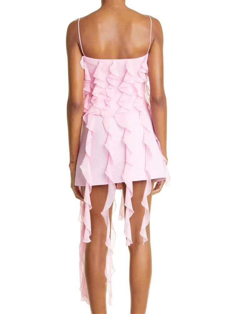 Spaghetti Strap Cascading Vertical Ruffle Asymmetric Hem Mini Dress