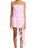 Spaghetti Strap Cascading Vertical Ruffle Asymmetric Hem Mini Dress