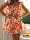 Square Neck Bow Tie Shoulder Floral Print Fit and Flare Mini Dress