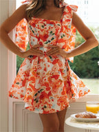 Square Neck Bow Tie Shoulder Floral Print Fit and Flare Mini Dress