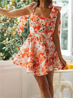 Square Neck Bow Tie Shoulder Floral Print Fit and Flare Mini Dress