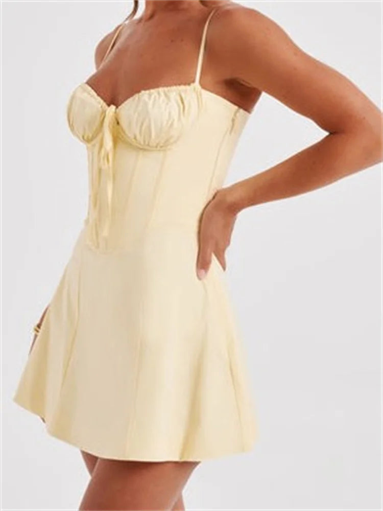 Corset Sweetheart Ruched Spaghetti Strap Panel Skater Mini Dress