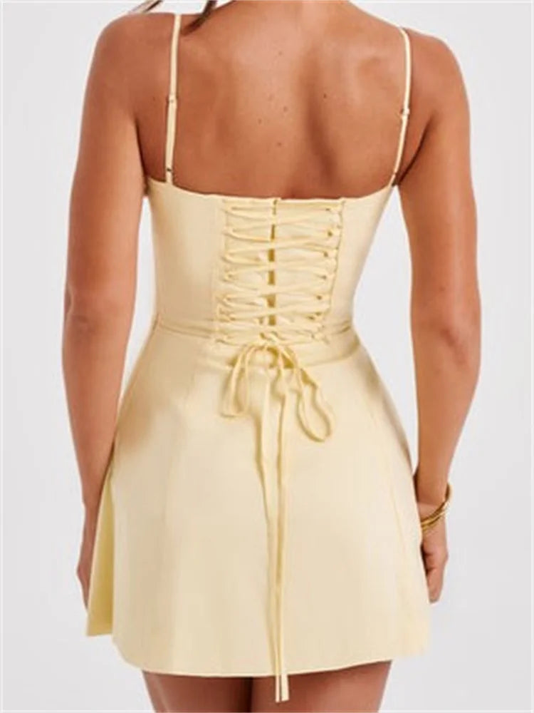 Corset Sweetheart Ruched Spaghetti Strap Panel Skater Mini Dress