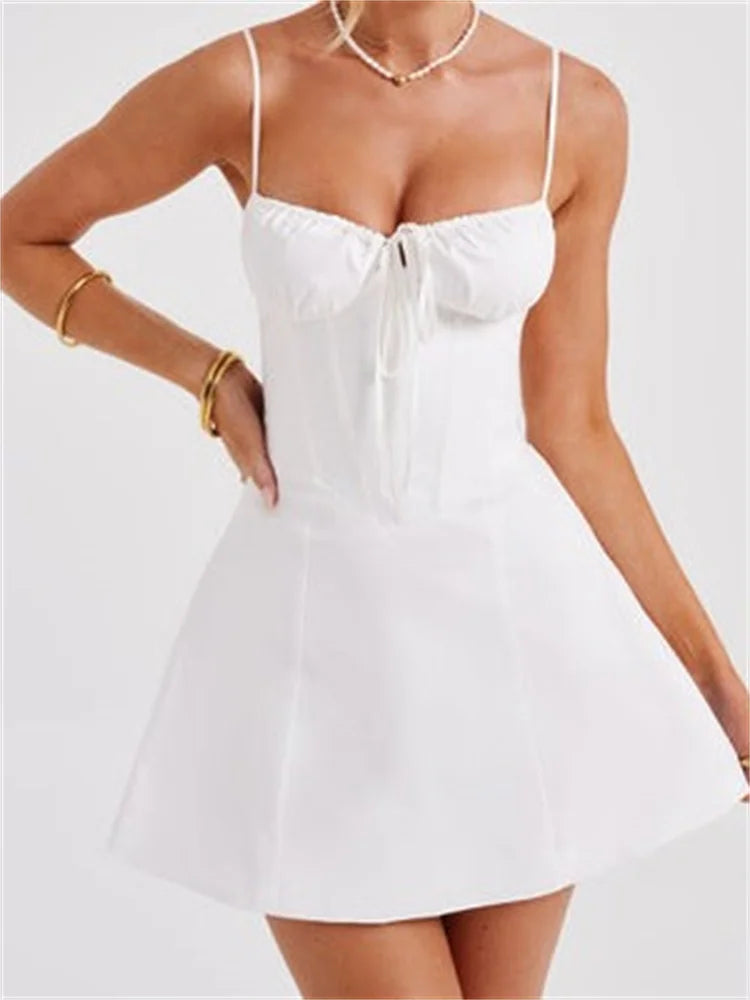 Corset Sweetheart Ruched Spaghetti Strap Panel Skater Mini Dress
