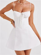 Corset Sweetheart Ruched Spaghetti Strap Panel Skater Mini Dress