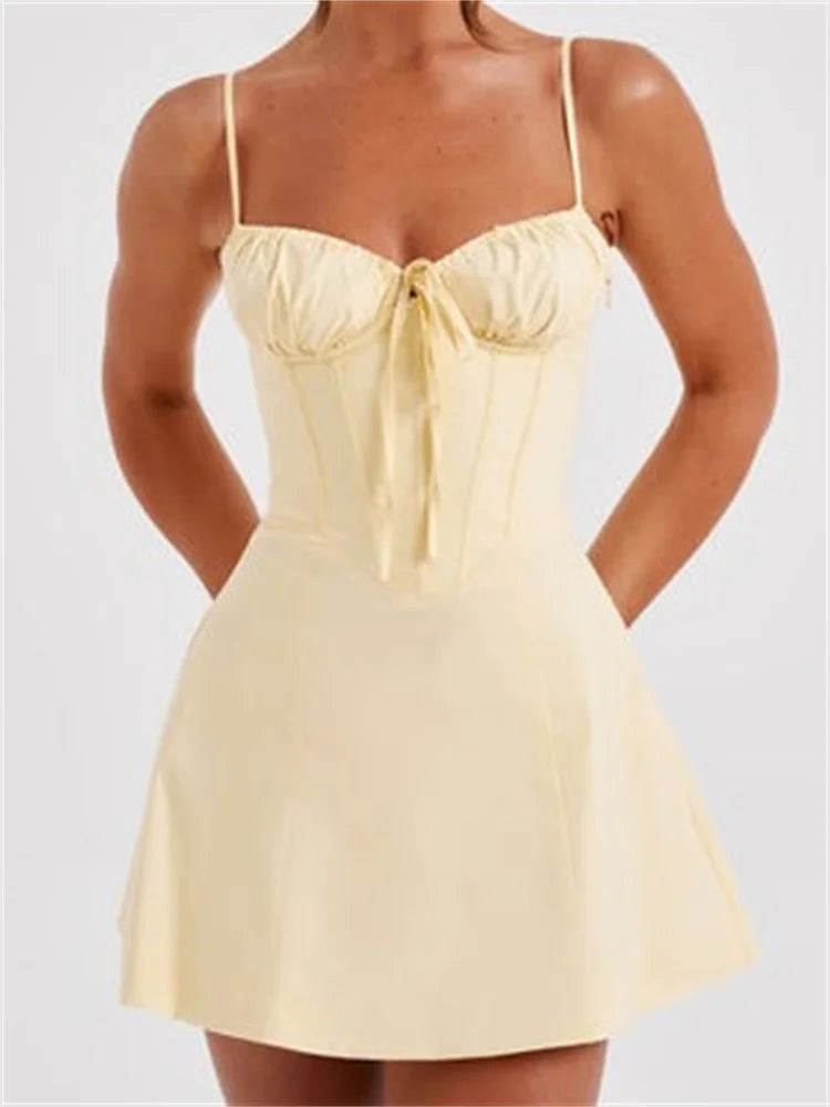 Corset Sweetheart Ruched Spaghetti Strap Panel Skater Mini Dress