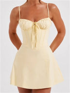 Corset Sweetheart Ruched Spaghetti Strap Panel Skater Mini Dress