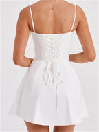 Corset Sweetheart Ruched Spaghetti Strap Panel Skater Mini Dress