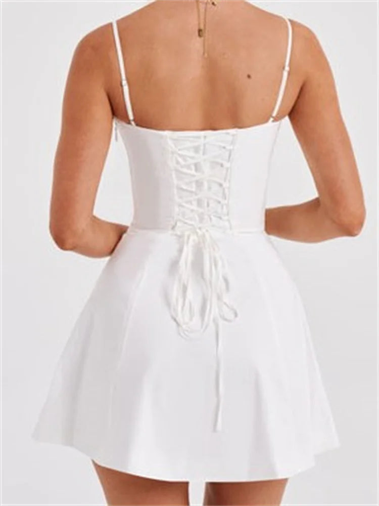 Corset Sweetheart Ruched Spaghetti Strap Panel Skater Mini Dress