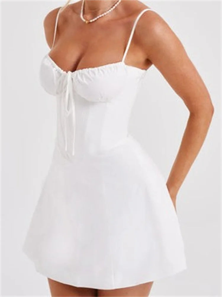 Corset Sweetheart Ruched Spaghetti Strap Panel Skater Mini Dress