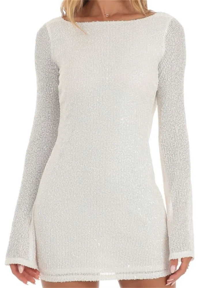 Sequin Long Sleeve Tie Back Cowl Open Back Bodycon Mini Dress