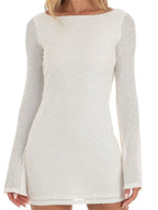 Sequin Long Sleeve Tie Back Cowl Open Back Bodycon Mini Dress