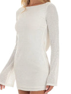 Sequin Long Sleeve Tie Back Cowl Open Back Bodycon Mini Dress