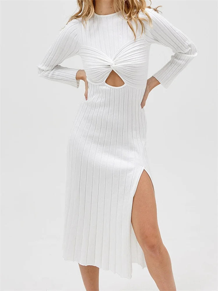 Ribbed Knit Long Sleeve Mock Neck Twist Front Cutout High Split Maxi Dress