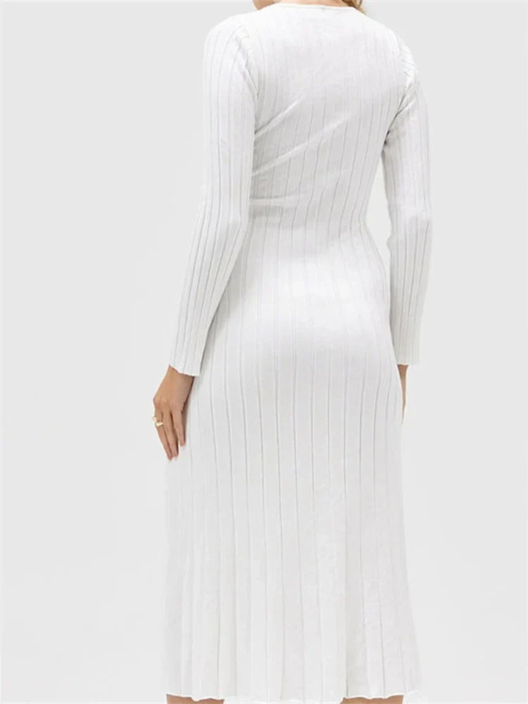 Ribbed Knit Long Sleeve Mock Neck Twist Front Cutout High Split Maxi Dress