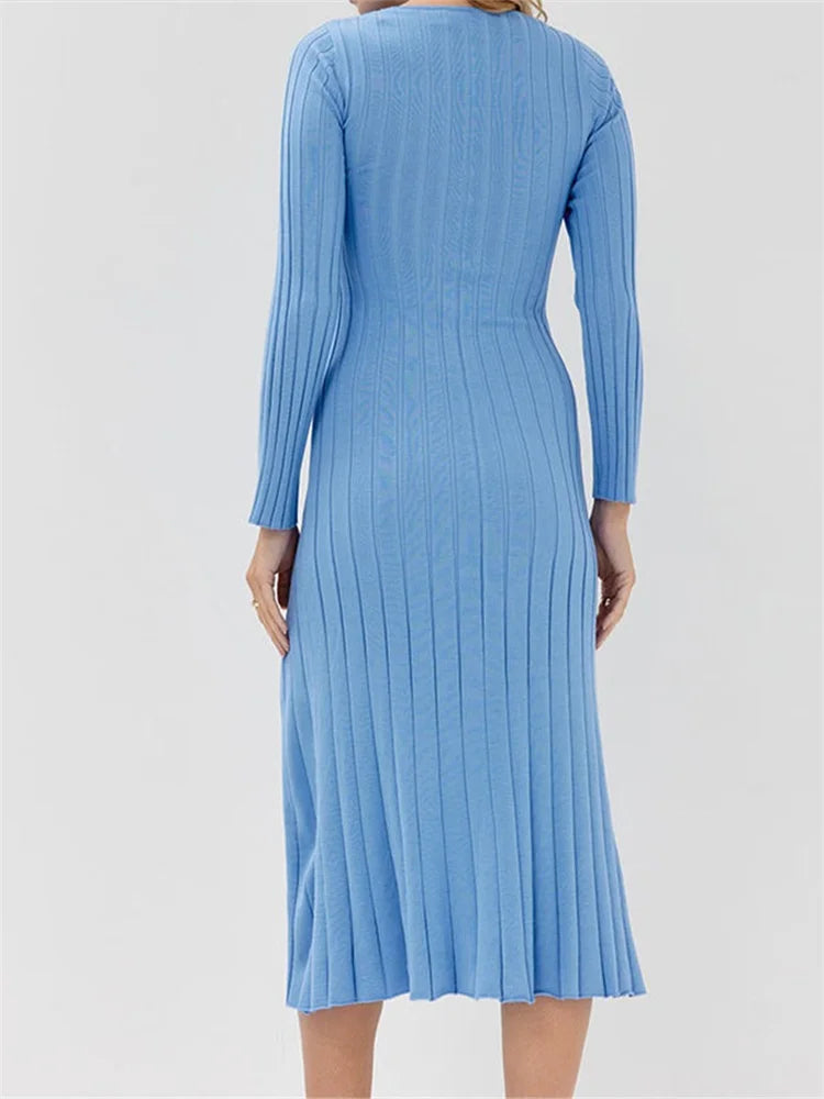 Ribbed Knit Long Sleeve Mock Neck Twist Front Cutout High Split Maxi Dress