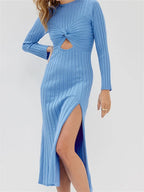 Ribbed Knit Long Sleeve Mock Neck Twist Front Cutout High Split Maxi Dress
