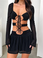 Criss Cross Tie Front Sheer Sleeve Waist Cut Out Two Piece Mini Set