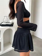 Criss Cross Tie Front Sheer Sleeve Waist Cut Out Two Piece Mini Set