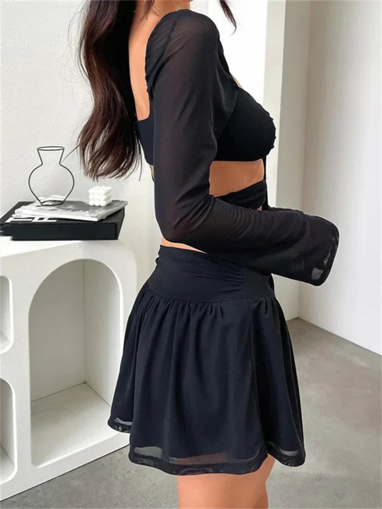 Criss Cross Tie Front Sheer Sleeve Waist Cut Out Two Piece Mini Set