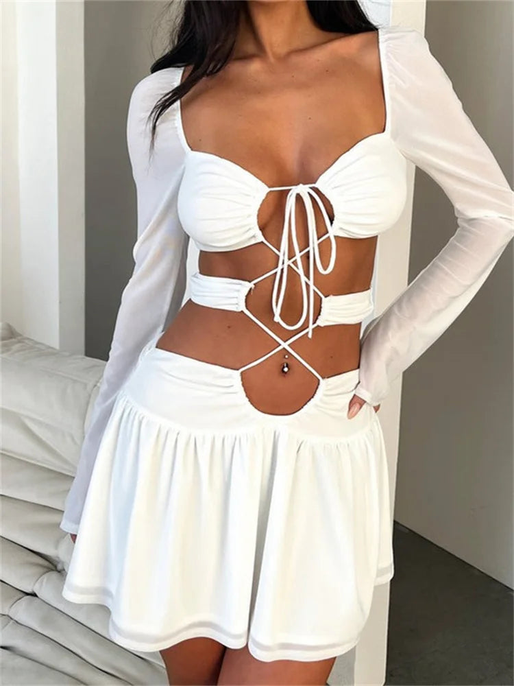 Criss Cross Tie Front Sheer Sleeve Waist Cut Out Two Piece Mini Set