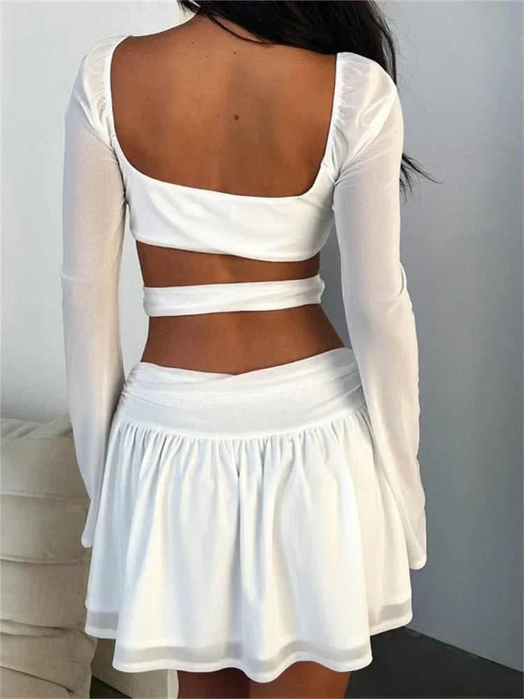 Criss Cross Tie Front Sheer Sleeve Waist Cut Out Two Piece Mini Set