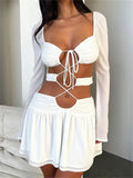 Criss Cross Tie Front Sheer Sleeve Waist Cut Out Two Piece Mini Set