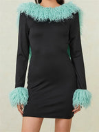 Faux Fur Collar and Cuff Long Sleeve Bodycon Mini Dress